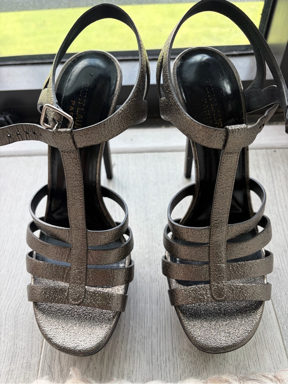 Saint Laurent Metallic Black Strappy Platform Heels - Picture 3 of 6